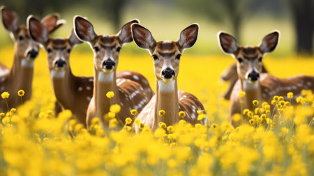 A group of deer are standing in a field of yellow flowers. The deer are all facing the camera, and one of them is laying down. The scene is peaceful and sereneの素材