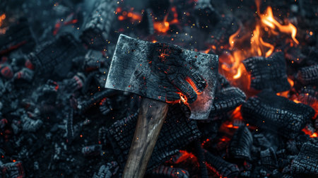 The heavy metal head of a fire axe, gleaming in the aftermath of the fire.の素材