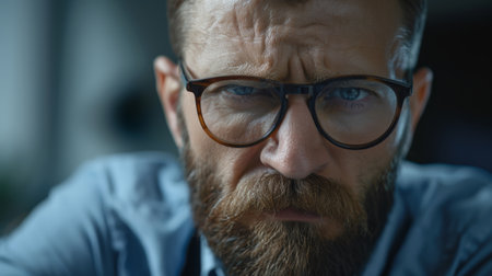 A man with a beard and glasses is looking at the camera with a serious expression. Concept of determination and focus, as the man is deep in thought or preparing for a taskの素材