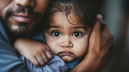 A man is holding a baby girl with her head down. The baby has a sad expression on her faceの素材