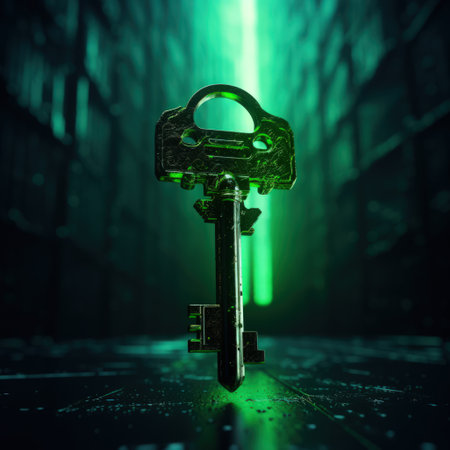 A key is shown in a green light, with a dark background. The key is positioned in the middle of the image, and it is glowing. Scene is mysterious and intriguingの素材