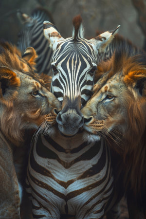A portrait of a smiling zebra surrounded by affectionate lionsの素材