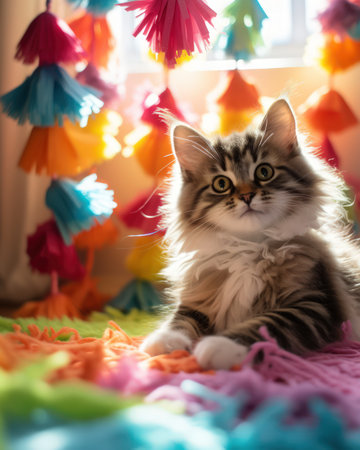 A fluffy tabby kitten sits on a colorful patchwork quilt.の素材