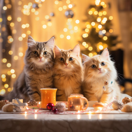 A group fluffy kittens of different colors sit at a table with food and candles.の素材