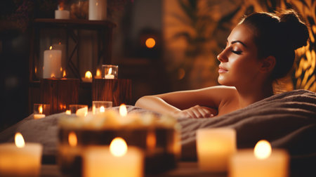 A woman is sitting in front of a table with candles. The candles are lit and the woman is looking at themの素材