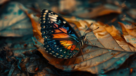 A colorful butterfly is resting on a leaf. The butterfly is orange and black with a blue and green pattern on its wings. The leaf is brown and has some water droplets on itの素材