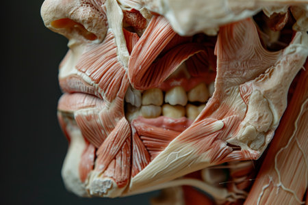 A close-up of a wincing face, muscles around the mouth tense with discomfort.の素材