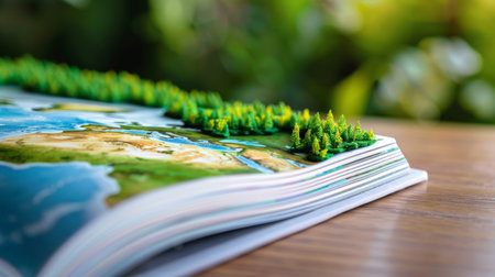 A book is opened to a page with a map of the world and trees. The trees are made of plastic and are scattered across the pageの素材