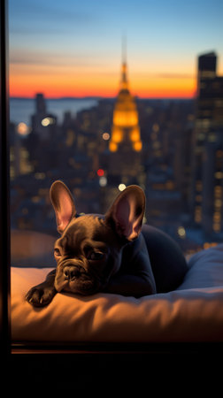 A black dog is laying on a bed in front of a city skyline. The dog appears to be relaxed and content, enjoying the view of the cityの素材