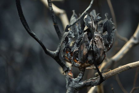 The charred remains of a house plant, symbolizing the fragility of life in the face of fire.の素材