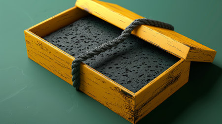 A yellow clamshell gift box, open to reveal a flat black sponge pad inside, captured in a top view close-up against a solid green background.の素材