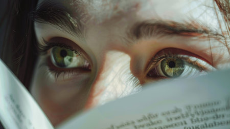 Close-up of blurry eyes straining to read a document, words and numbers swimming on the page.の素材