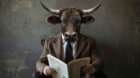 A bull wearing a Wall Street suit and tie, confidently reading a financial newspaper.の素材