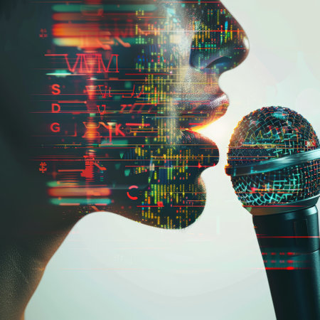 A woman's face is projected onto a microphone, Concept of technology and innovationの素材