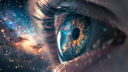 A close up of a person's eye with a galaxy reflected in it. The eye is surrounded by a bright, colorful galaxy that seems to be glowing. The image has a dreamy, ethereal quality to itの素材