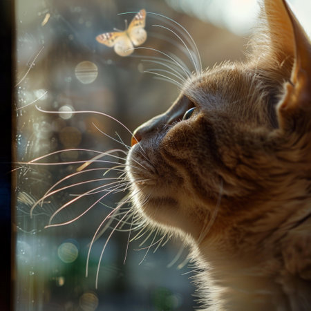 A cat is looking out the window at a butterflyの素材