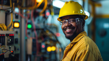 A man in a yellow shirt and hard hat is smiling. He is standing in front of a yellow electrical panelの素材