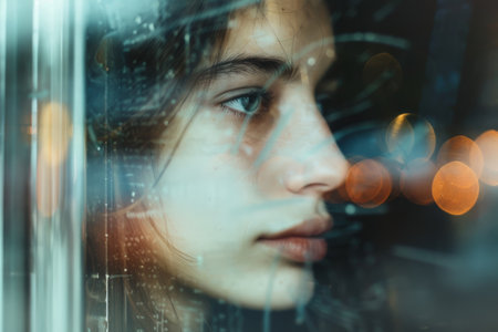 Close-up of a blurry face looking longingly out an office window, conveying a desire to escape.の素材