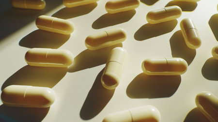 A close up of many white pills on a white background. The pills are arranged in a pattern, with some overlapping and others standing alone. Concept of order and organizationの素材