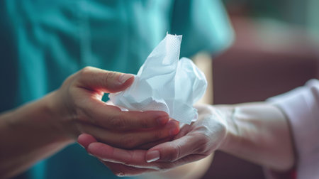 A close-up of a social workers hand offering a comforting tissue.の素材