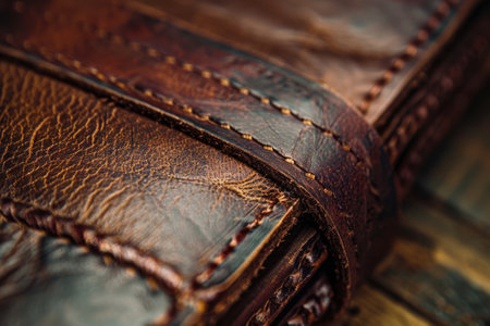 Close-up of the embossed cover of a handcrafted leather-bound journal, lines and marks telling a story.の素材