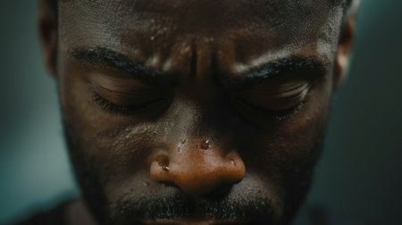 A close-up of a male social worker holding back tears of empathy and frustration.の素材