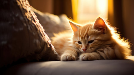 A cat is laying on a pillow, looking at the camera. The cat is orange and fluffy, and it is relaxed and content. The pillow is soft and comfortable, providing a cozy spot for the cat to restの素材