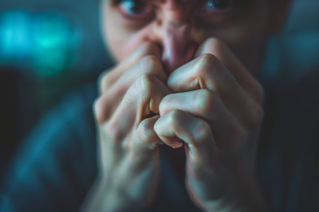 Close-up of a person biting their nails out of nervousness and anxiety, further exacerbated by illness Blur the office environment.の素材