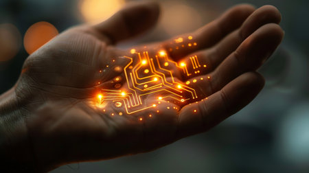 A close-up of an open palm revealing a glowing microchip implant designed for personalized sleep optimization.の素材