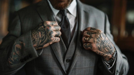 Close-up of a tattooed businessman adjusting his perfectly tailored suit, revealing a glimpse of his unique style.の素材