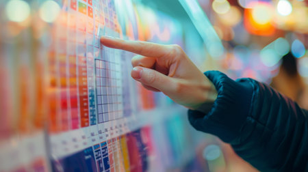 Close-up of a size chart with a finger pointing at a selected size, the online store blurred behind.の素材