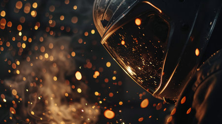 A close-up of an apprentice welders helmet, sparks flying as they work.の素材