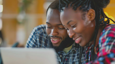 Two team members leaning in close to collaborate on a laptop, their heads bent together in concentration.の素材