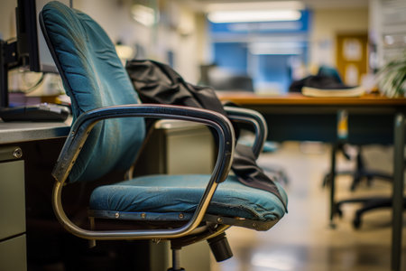 Close-up of an office chair pushed back from a desk, a blurry jacket slung over it, representing abrupt departure.の素材