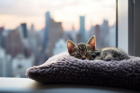 A cat is sleeping on a blanket in front of a city skyline. The cat is curled up and he is very relaxed. The blanket is a gray color and covers the cat's bodyの素材