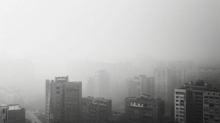 A hazy cityscape barely visible through a thick layer of smog, emphasizing the impact of PM25 on visibility.の素材