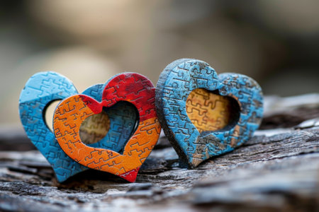 Close-up of two interlocked puzzle pieces shaped like hearts, representing unity.の素材