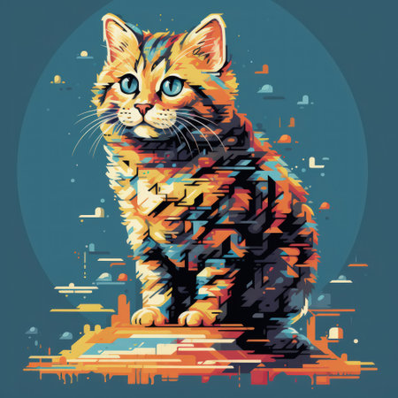 A colorful cat is sitting on a rock. The cat is looking at the camera with a curious expression. The image has a playful and whimsical mood, as the cat's bright colorsの素材