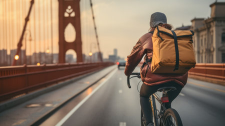 A man on a motorcycle is riding down a wet road with a yellow bag on his back. The scene is fast-paced and action-packed, with the man's motorcycle speeding down the roadの素材