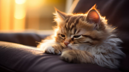 A cat is laying on a couch with its head on its paws. The cat appears to be relaxed and comfortableの素材