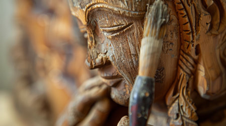 Close-up of a delicate brush applying varnish to a restored wooden sculpture, adding a protective glow.の素材