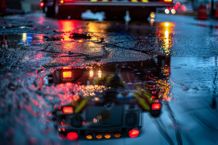 The flashing lights of a fire engine reflected in a puddle, a beacon amidst the chaos.の素材