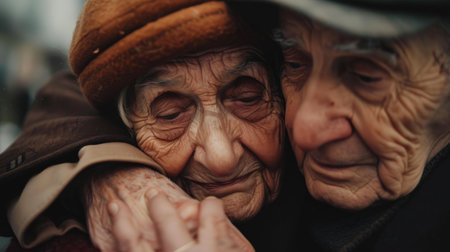 Two elderly people hug each other. The man is wearing a brown jacket and the woman is wearing a brown hatの素材