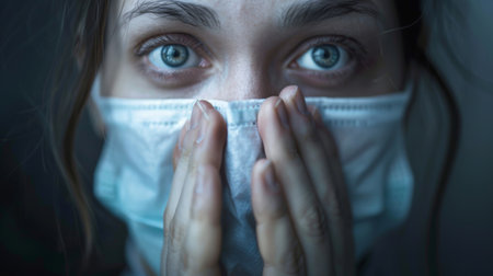 Hands covering a mouth and nose, a universal gesture of protection against poor air quality.の素材