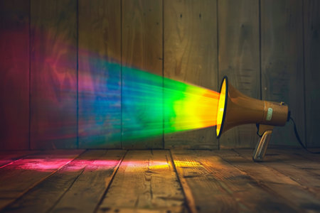 A megaphone projecting a rainbow beam of light, symbolizing hope and optimism in the workplace.の素材