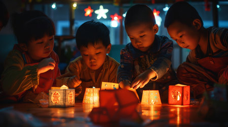 Chinese children in kindergarten joyfully craft lanterns for the Lantern Festivalの素材