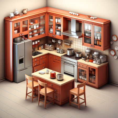 Kitchen room isometric illustration with a table, sink, and various elements.の素材