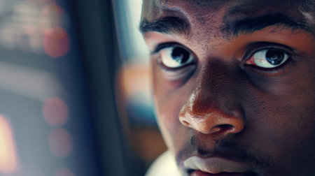 Close-up of a team members face with a look of deep concentration, working through a complex problemの素材