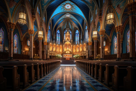 Christian and Catholic churches illuminated with beautiful lights.の素材