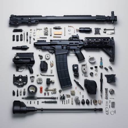 A close up of a gun with many parts and piecesの素材
